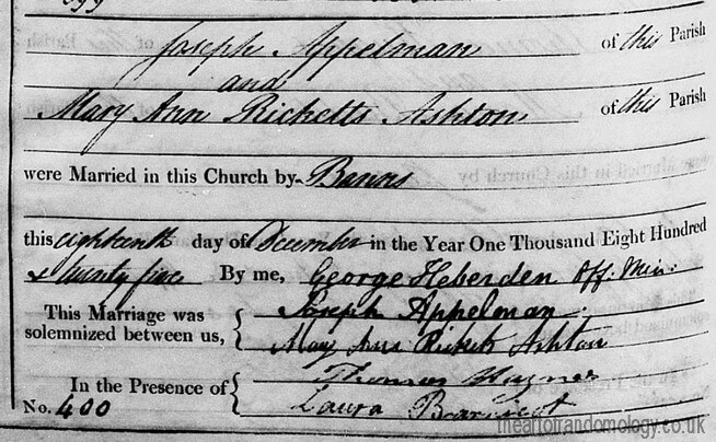 Marriage of Joseph Appelman and Mary Ann Rickets Ashton, 1825